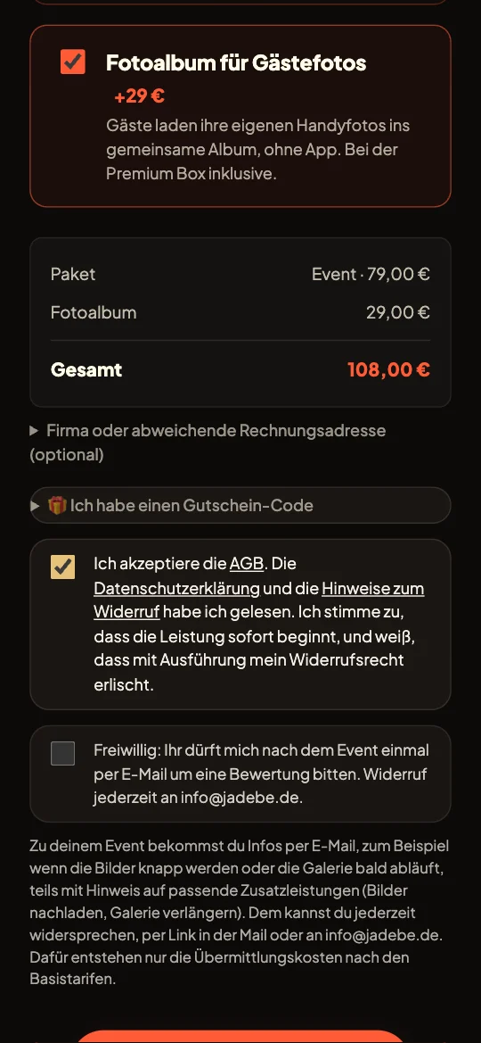 Fotoalbum als Zusatz und Gesamtpreis