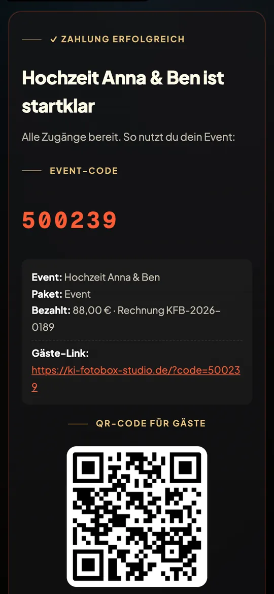 Bestätigung Zahlung erfolgreich mit Event-Code und Gäste-Link