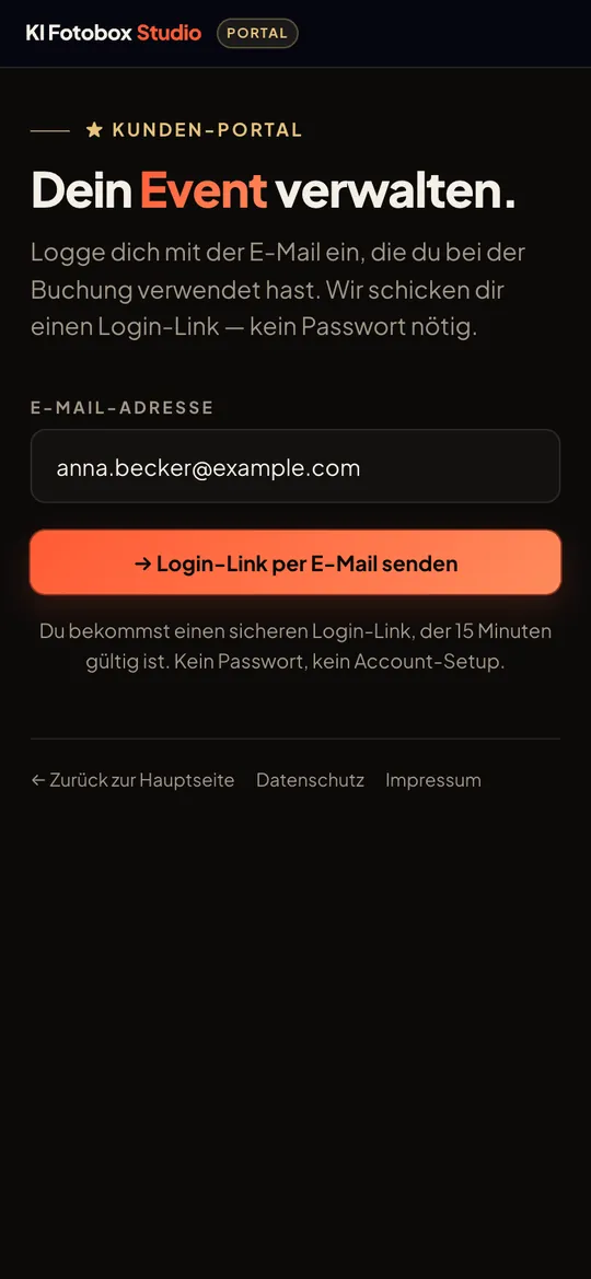 Login-Seite des Kundenportals mit E-Mail-Feld