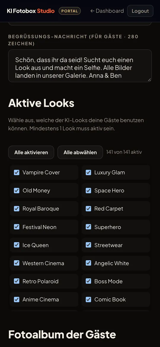 Einstellungen mit Begrüßung und Looks