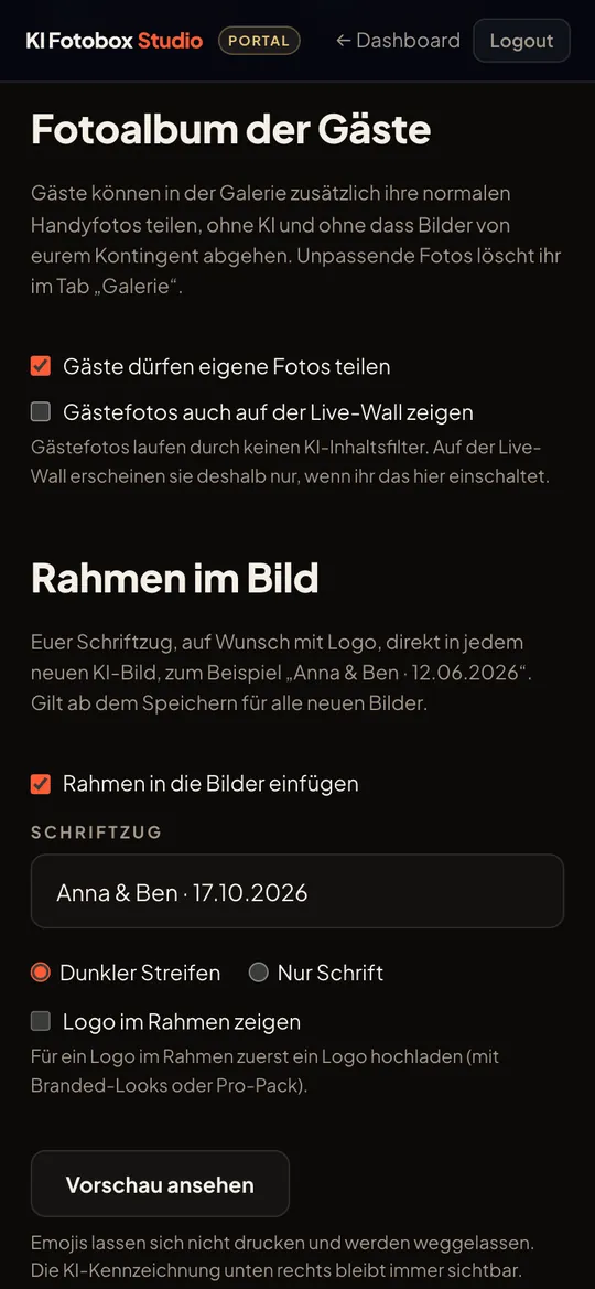 Einstellungen für Fotoalbum der Gäste und Rahmen im Bild