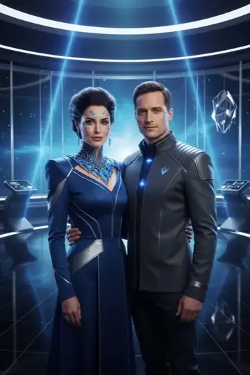KI-Look Alien Diplomats: Als Diplomaten im futuristischen Konferenzsaal.