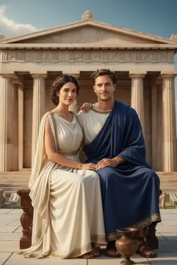 KI-Look Ancient Greece: Vor einem griechischen Tempel in hellen Gewändern.