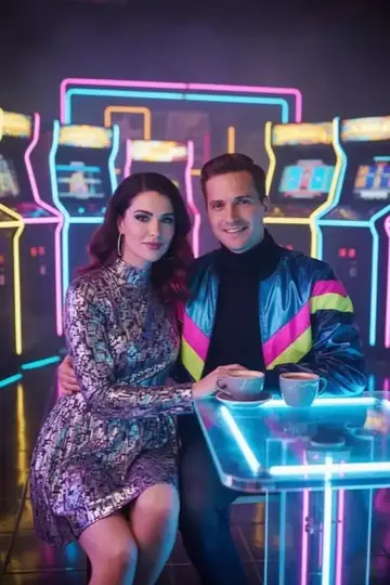 KI-Look Arcade Neon: Retro-Spielhalle mit leuchtenden Automaten und Neonlicht.