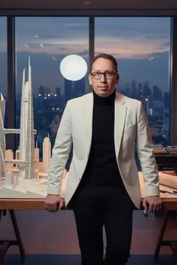 KI-Look Star-Architekt: Als Architekt vor dem Modell einer Skyline.