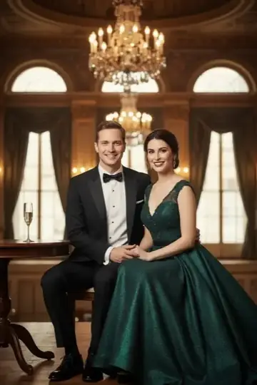 KI-Look Black Tie Gala: Abendkleid und Smoking im Ballsaal mit Kronleuchtern.