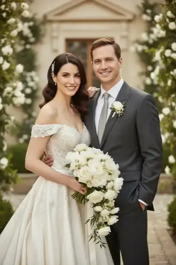 KI-Look Bridal Editorial: Brautpaar wie aus dem Hochzeitsmagazin, vor heller Villa mit weißen Blumen.