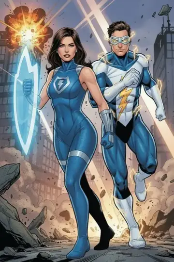 KI-Look Comic Book: Als Comic-Superhelden mitten in der Action-Szene.