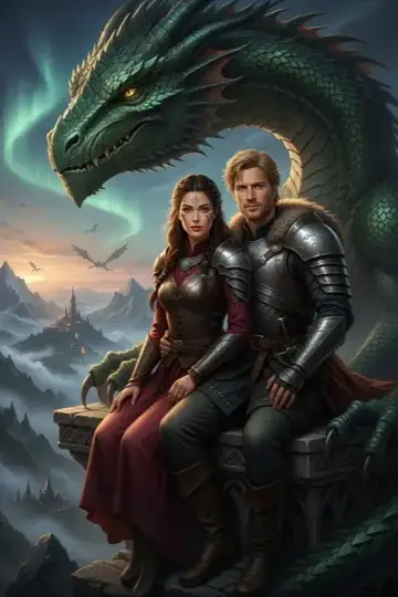 KI-Look Dragon Riders: Als Drachenreiter in Rüstung vor einem Drachen.