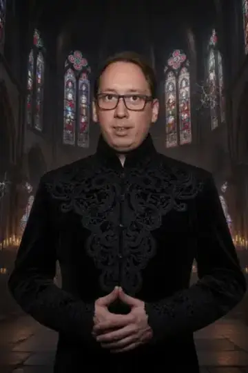 KI-Look Gothic Cathedral: In bestickter schwarzer Robe vor gotischen Kirchenfenstern.