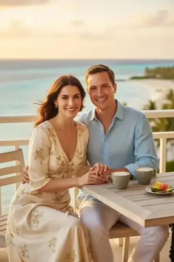 KI-Look Honeymoon Escape: Flitterwochen auf der Terrasse am Meer, leicht und sonnig.