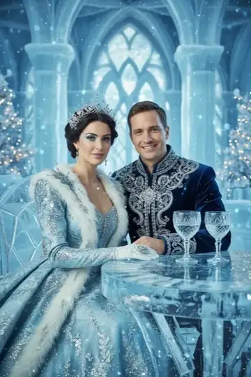 KI-Look Ice Queen: Eiskönigin und Eisprinz im Palast aus Eis.