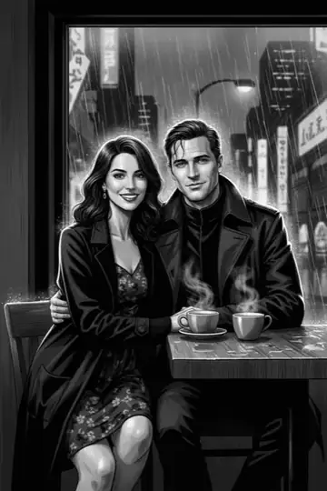 KI-Look Manga Noir: Schwarzweiß-Manga mit Regen und Großstadtlichtern.