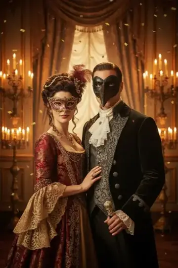 KI-Look Masquerade Ball: Maskenball im Kerzenschein, mit venezianischer Maske.