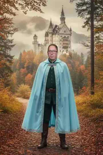 KI-Look Schloss Neuschwanstein: Im Umhang auf dem Herbstweg vor Schloss Neuschwanstein.