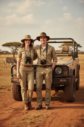 KI-Look Offroad-Safari: Mit Geländewagen und Fernglas auf Safari.