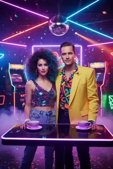 KI-Look 80s Party: Achtziger-Party mit Discokugel, Neon und knalligen Farben.