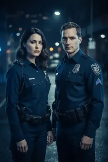 KI-Look Polizei: In Polizeiuniform bei Nacht.