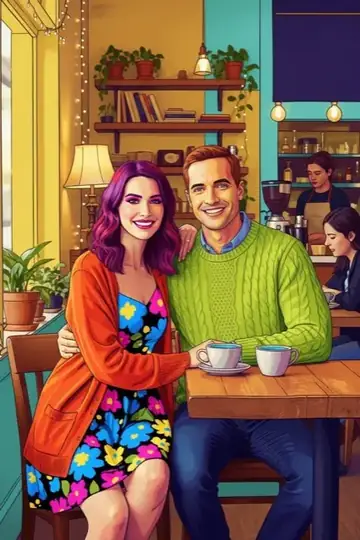 KI-Look Pop Art: Knallige Pop-Art-Farben in einem bunten Café.