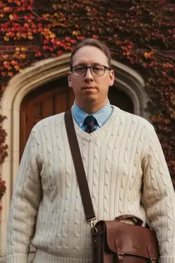KI-Look Ivy League: College-Look mit Strickpullover und Ledertasche vor efeubewachsenem Gemäuer.