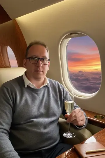 KI-Look Private Jet: Entspannt im Privatjet, mit Sonnenuntergang vor dem Fenster.
