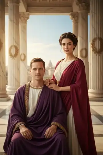 KI-Look Roman Empire: Im Säulengang des alten Rom, mit Toga in Purpur.