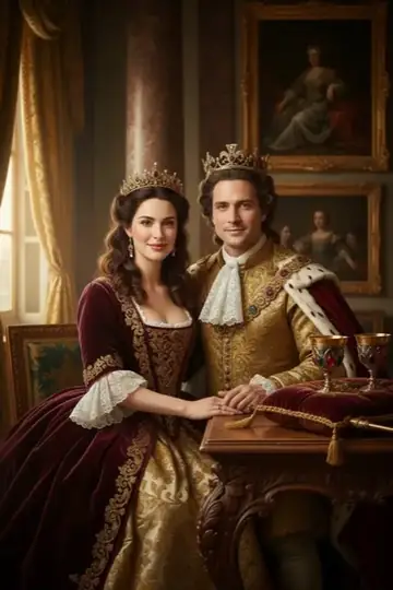 KI-Look Royal Baroque: Barocker Hofstaat mit Krone, Brokat und Goldrahmen.
