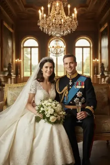 KI-Look Royal Wedding: Königliche Hochzeit mit Tiara, Uniform und Kronleuchter im Palastsaal.