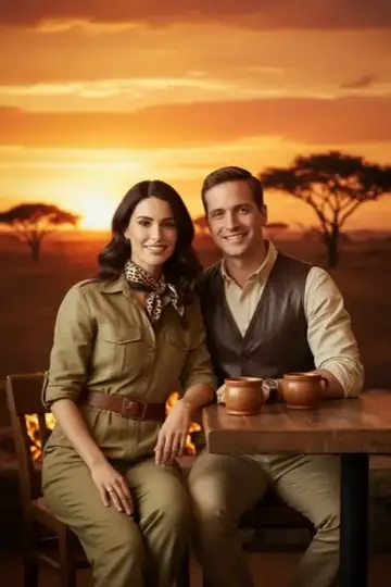 KI-Look Safari: In der Safari-Lodge bei Sonnenuntergang in der Savanne.