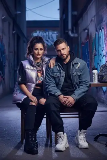 KI-Look Streetwear: Lässiger Streetstyle vor der Graffiti-Wand, mit Sneakern und Puffer-Jacke.