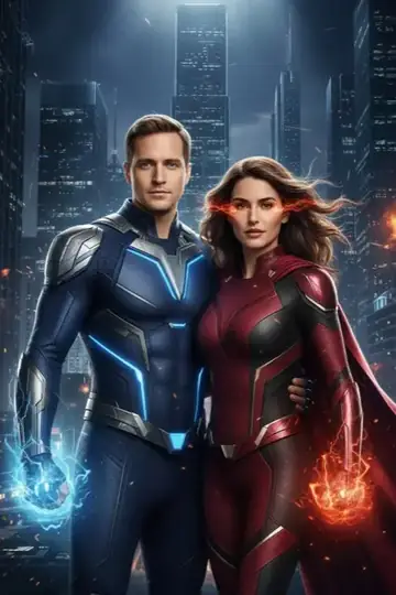 KI-Look Superhero: Als Superhelden-Duo über der nächtlichen Stadt.