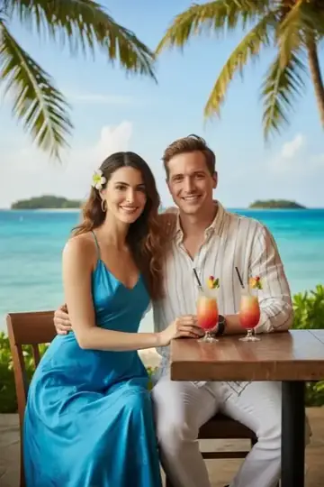KI-Look Tropical Island: Cocktails unter Palmen am türkisblauen Meer.