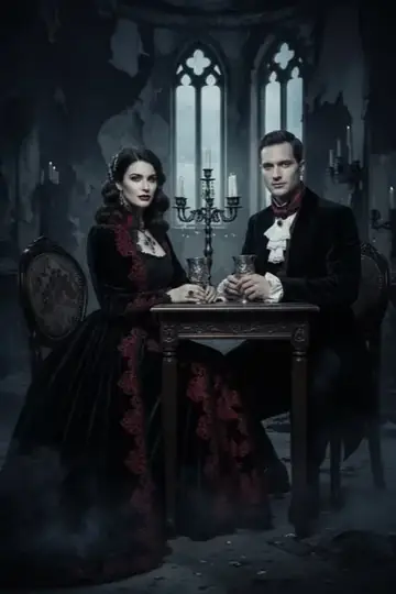 KI-Look Vampire Cover: Düsteres Vampir-Porträt im gotischen Saal, wie ein Filmplakat.