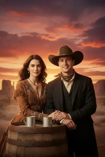 KI-Look Western Cinema: Wildwest-Szene im Sonnenuntergang, mit Cowboyhut und Holzfass.