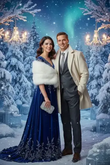 KI-Look Winter Wonderland: Verschneiter Winterwald mit Polarlicht und Funkeln.