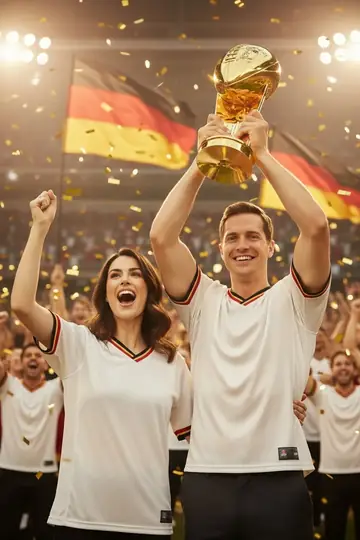 KI-Look Fußball-Champion: Mit dem Pokal im jubelnden Stadion.