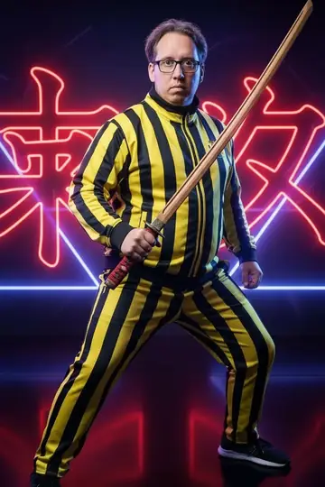 KI-Look Yellow Fighter: Im gelben Kampfanzug mit Schwert vor Neonzeichen.